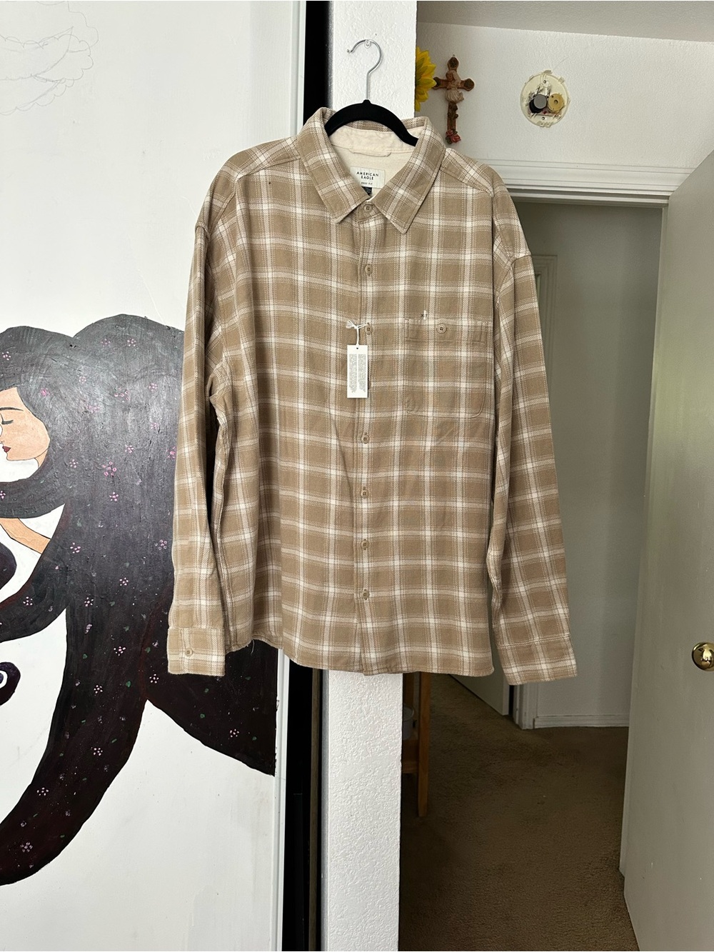 American Eagle Outfitters Beige Plaid Button-Down Shirt